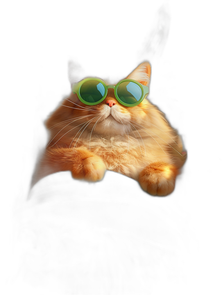 A photo of an orange cat wearing green sunglasses, floating in the air against a black background in a funny, cute, studio photography shot with cinematic lighting and volumetric light from below with sharp focus in the style of hyper realistic.