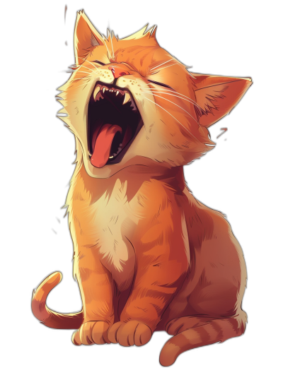 A cute cat is laughing, with its mouth wide open and eyes closed. The illustration style should be anime-inspired with detailed character design in a cartoon art style. It's set against a black background, in a full body portrait. The artwork must have high resolution and clear edges.