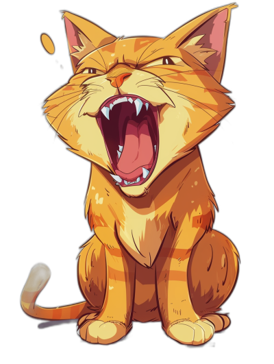 A cute cat is laughing heartily, with its mouth wide open and sharp teeth showing in the style of an anime cartoon illustration on a black background. The cat has long hair and orange fur, with yellow eyes that sparkle with joy. It sits upright facing forward with one paw raised as if it's doing a yawn gesture. Its expression exudes happiness and excitement.