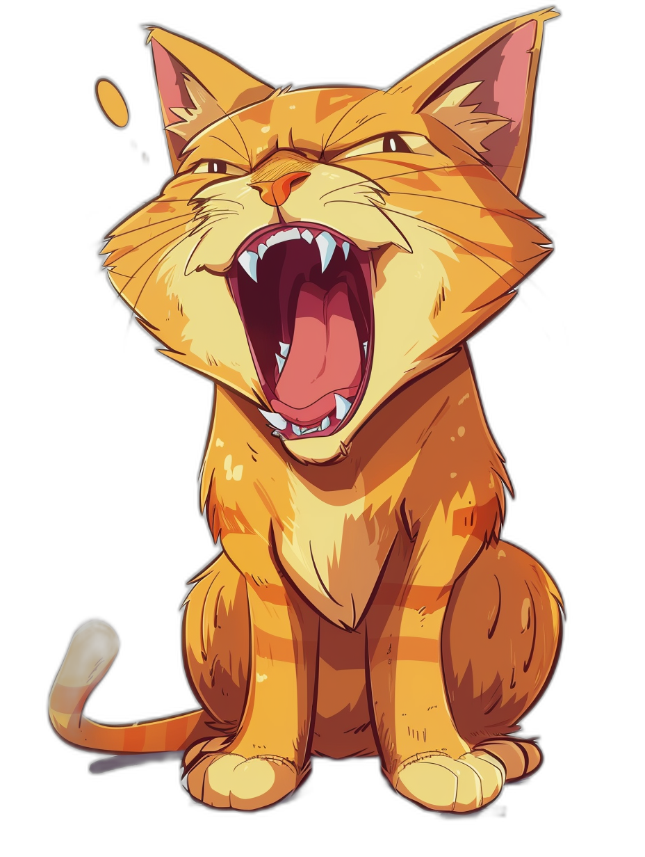 A cute cat is laughing heartily, with its mouth wide open and sharp teeth showing in the style of an anime cartoon illustration on a black background. The cat has long hair and orange fur, with yellow eyes that sparkle with joy. It sits upright facing forward with one paw raised as if it’s doing a yawn gesture. Its expression exudes happiness and excitement.