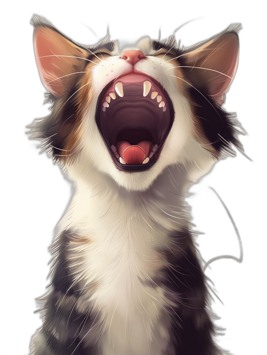 realistic digital illustration of an adorable calico cat meowing, full body portrait, mouth open with teeth visible, isolated on black background, in the style of gotfried helnwein, cell shaded