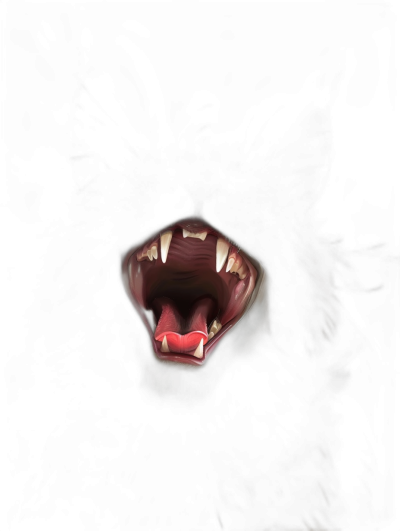 A dark background with the mouth of an angry dog, showing sharp teeth, is illuminated by bright light. The open jaw and tongue show detailed features in high resolution. It's a digital illustration with a focus on realism and texture. This scene captures the essence of night time, emphasizing darkness while highlighting details.