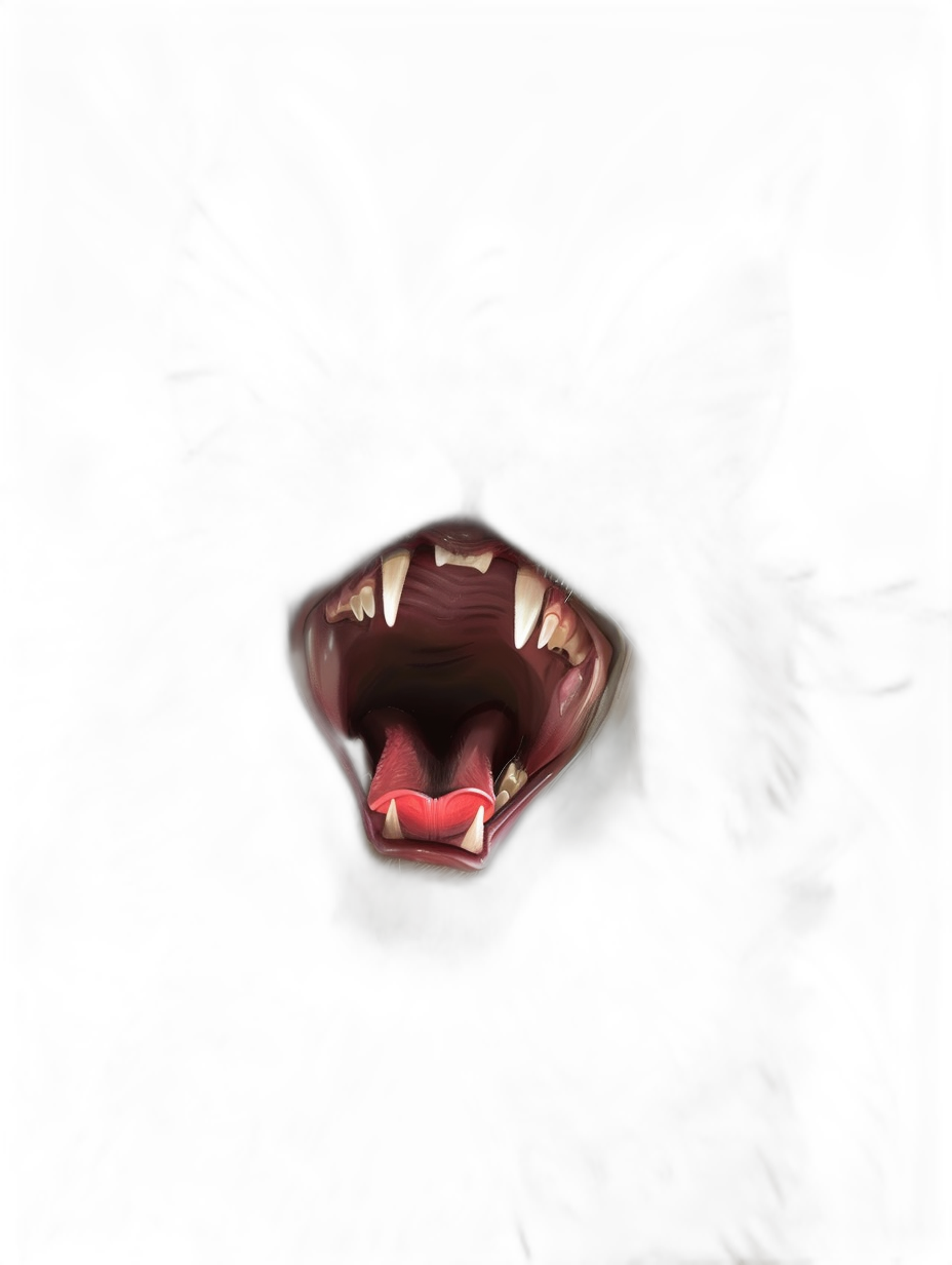 A dark background with the mouth of an angry dog, showing sharp teeth, is illuminated by bright light. The open jaw and tongue show detailed features in high resolution. It’s a digital illustration with a focus on realism and texture. This scene captures the essence of night time, emphasizing darkness while highlighting details.