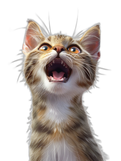 realistic digital illustration of an excited happy kitten, black background, portrait view