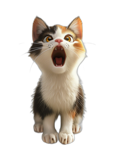 3D render of a shocked cute calico cat howling in a full body shot on a black background.