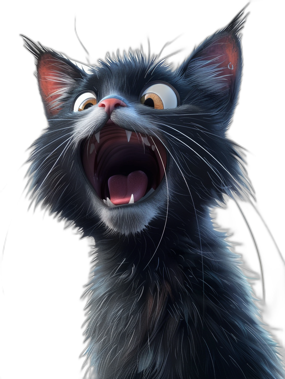 A black cat with its mouth open, laughing heartily, in the style of Disney, black background, cartoon character design, bright colors, high resolution, 3D rendering.