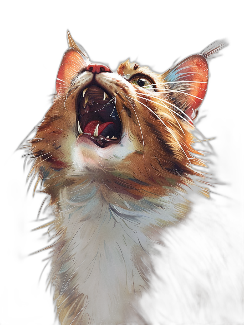 digital art of an excited cat, with its mouth open and tongue out, digital painting in the style of cinematic lighting, on a black background, in a portrait view