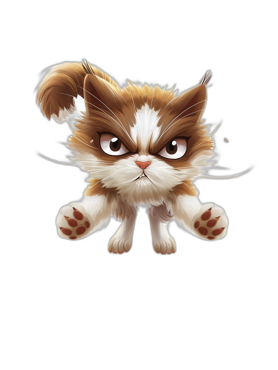 grumpy cat jumping in the air, in the style of a cartoon, black background, cute, chibi, vector art, digital painting, in the style of hyper realism, t-shirt design, 3D render, isometric, high resolution, hyper detailed