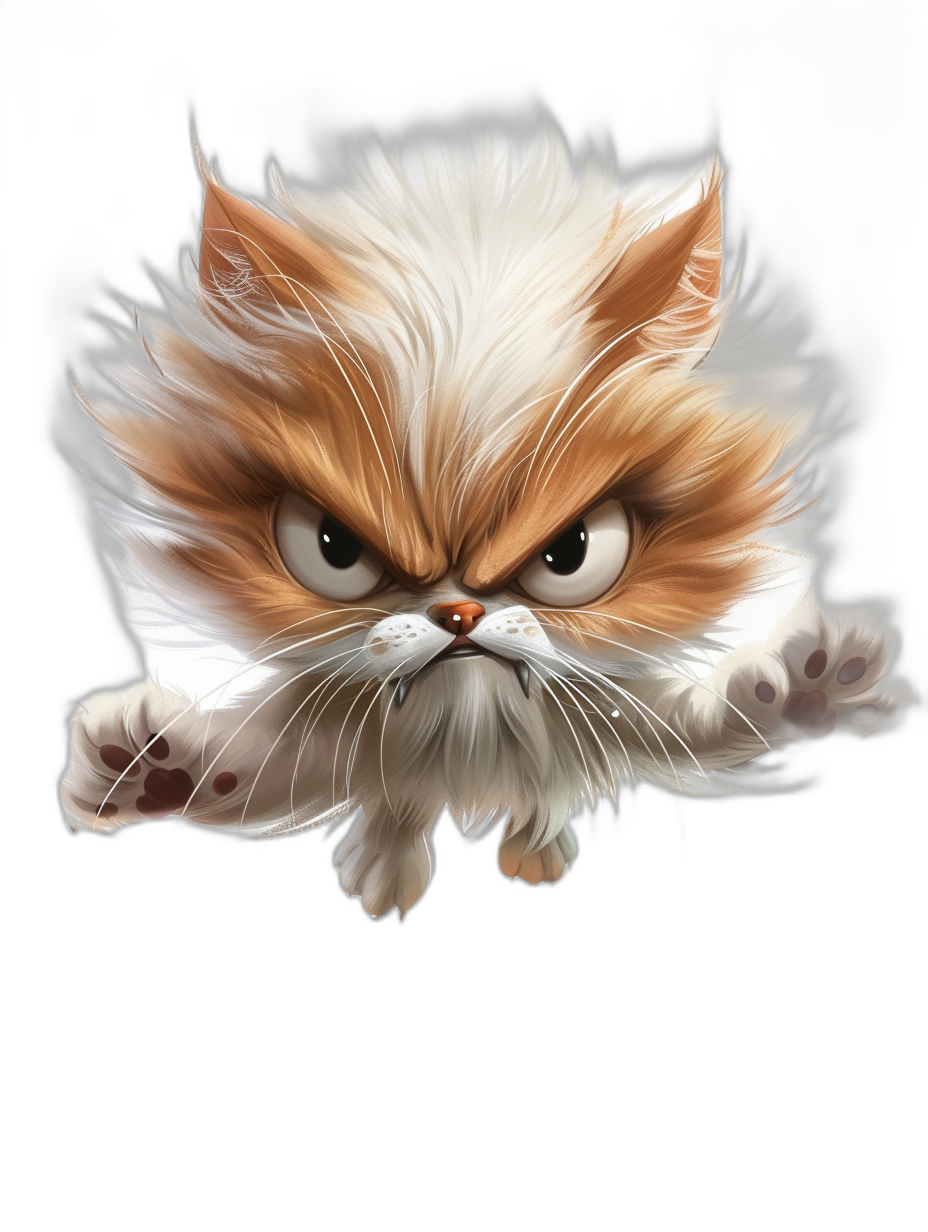 realistic cartoon illustration of an angry cute fluffy persian cat jumping, isolated on a black background, digital art in the style of [WLOP](https://goo.gl/search?artist%20WLOP) and Pixar, fantasy art style