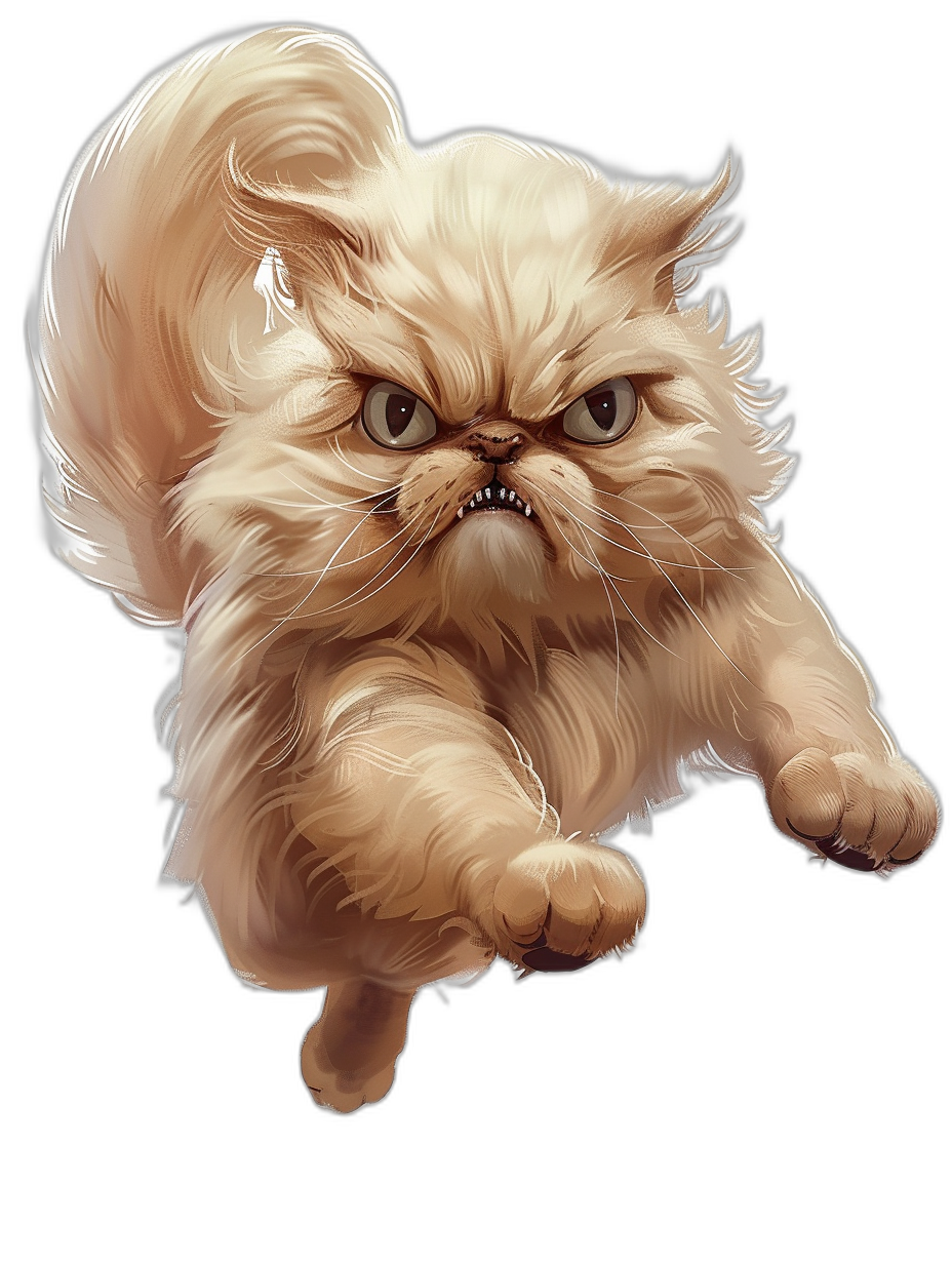 A persian cat, in a cartoon style, flying in the air with an angry expression on its face, on a black background, vector art in the style of Greg Manchess, [Craig Mullins](https://goo.gl/search?artist%20Craig%20Mullins) and [Ruan Jia](https://goo.gl/search?artist%20Ruan%20Jia), fantasy illustration.