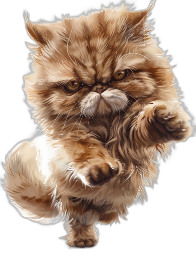 A persian cat is jumping, with a snooty cute face, in a caricature like photo realistic illustration style on a black background, close up of its full body.