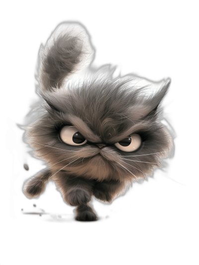 cute and adorable grey persian cat, cartoon character illustration style, angry expression running towards the viewer, isolated on black background, cute eyes, highly detailed, high resolution, dynamic lighting, digital art, fantasy concept art