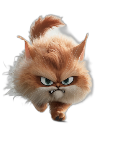 3D render of a cute Persian cat flying, with angry eyes on a black background, in the style of Pixar.