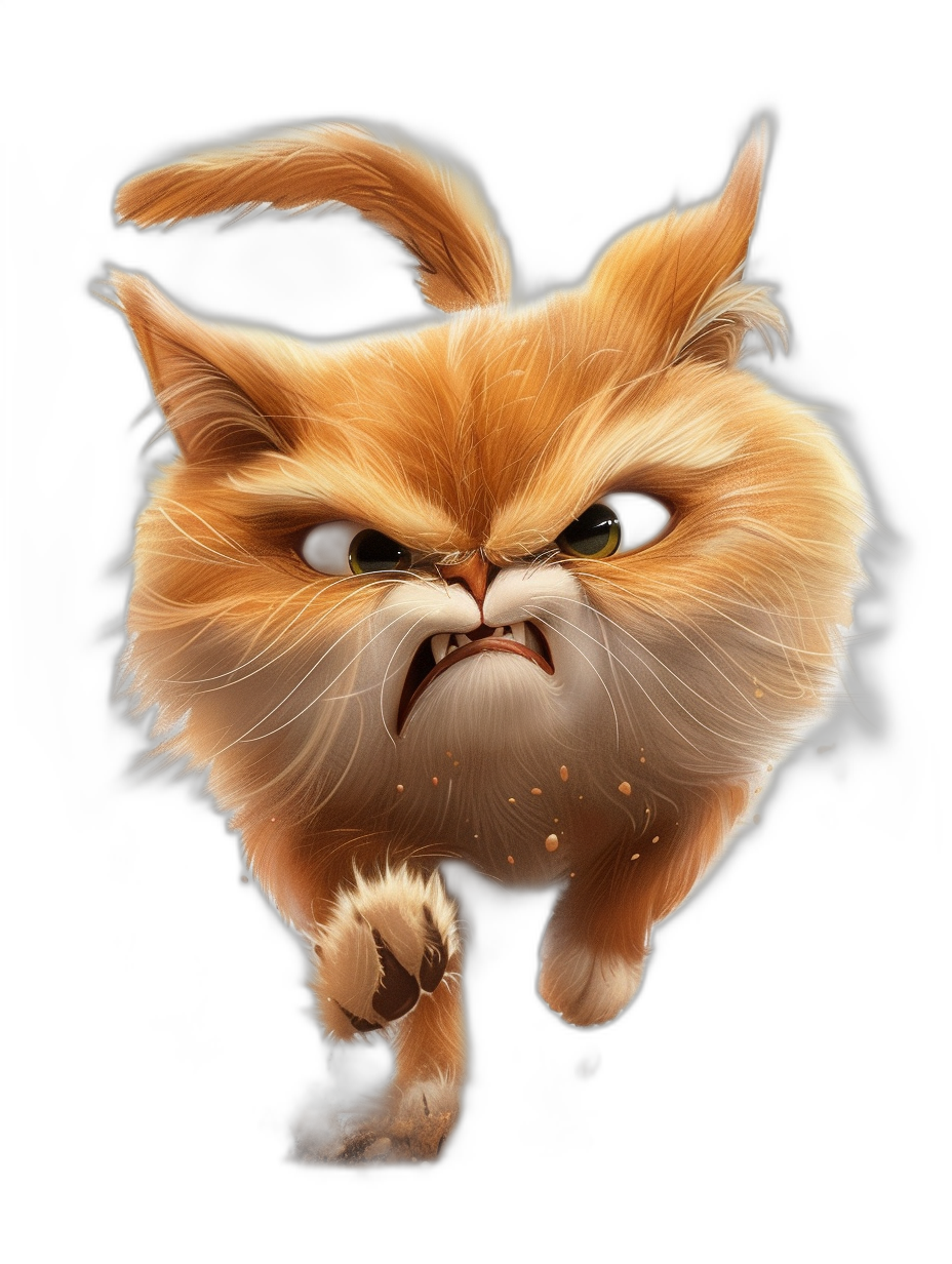 Grumpy orange cat with fluffy hair, running towards the viewer in the style of Disney Pixar, on a black background, high resolution, hyper realistic cartoon style.