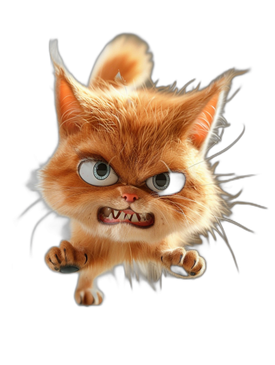 funny cute cat, angry expression, jumping, large eyes, in the style of Pixar, black background, octane render, full body