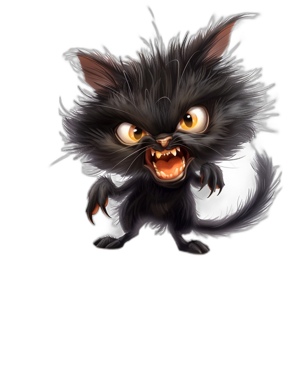 Black background, cartoon cute little black cat monster with sharp teeth and claws jumping towards the camera, funny expression, full body shot, glowing eyes, in the style of high definition