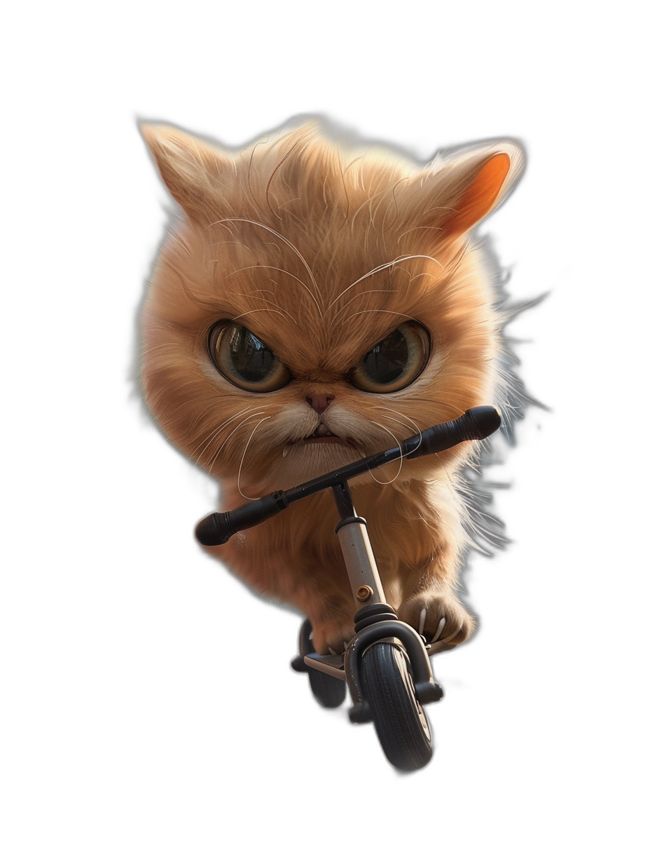 A cute Persian cat is riding an electric scooter with an angry expression and exaggerated facial features against a pure black background in the style of Pixar, captured with high definition photography.