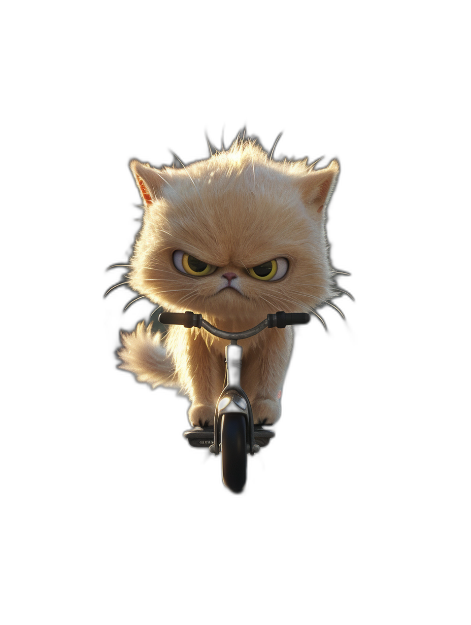 front view of a cute happy persian cat riding an electric scooter, with yellow eyes and an angry expression, in the style of a cartoon, on a black background, with a pixar render style, as if rendered in unreal engine 5