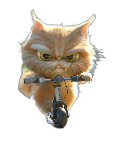 persian cat with yellow eyes, angry and funny expression, riding an electric scooter on a black background, full body shot, in the style of Pixar, 3D rendering