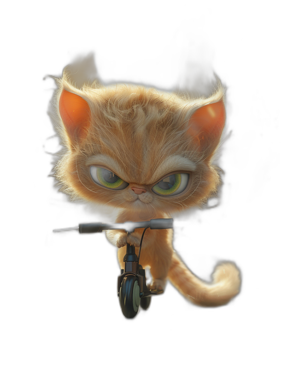 3D render of a cute cartoon kitten riding an electric scooter in the style of Pixar, on a black background with green eyes, a happy expression, fluffy fur, a big head and small body, character design, a cute cat concept art digital painting with high detail, cinematic lighting, sharp focus, illustration, high resolution.