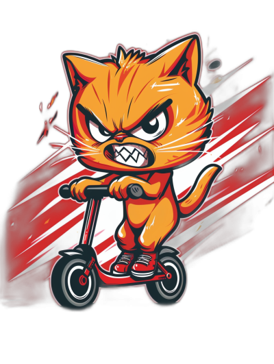 t-shirt design, cute chibi cat riding an electric scooter with an angry facial expression and red speed lines behind it on a black background, vivid color theme. The design is in the style of a chibi cat riding an electric scooter with an angry facial expression and red speed lines behind it on a black background, with a vivid color theme.