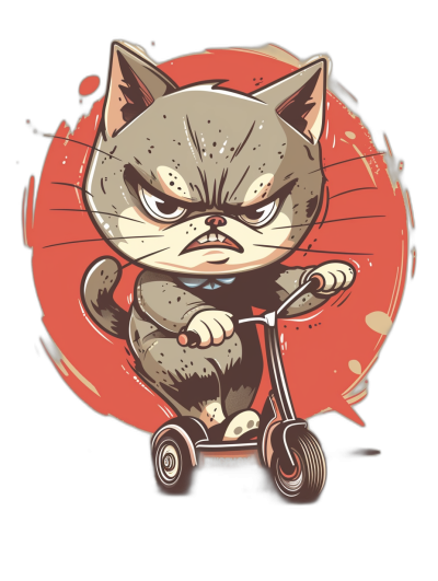 t-shirt design, cute chibi cat riding an electric scooter with grumpy expression on face, dark background