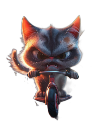 realistic cute cat riding scooter, angry eyes, cartoon style, dark background, high contrast, 3d render, in the style of Pixar, disney character, in the style of Pixar, cartoon