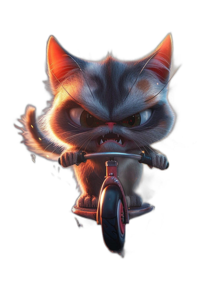 realistic cute cat riding scooter, angry eyes, cartoon style, dark background, high contrast, 3d render, in the style of Pixar, disney character, in the style of Pixar, cartoon