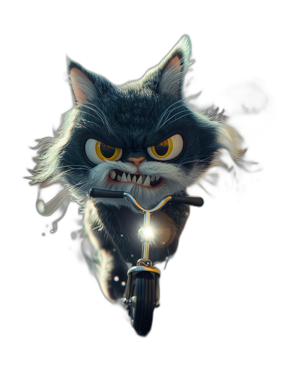 angry cat on scooter, in the style of Pixar, cartoon character, black background, yellow eyes, very detailed, high resolution