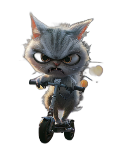 3D epic render of a cute grey kitten riding a scooter with an angry face on a black background, in the style of Pixar.