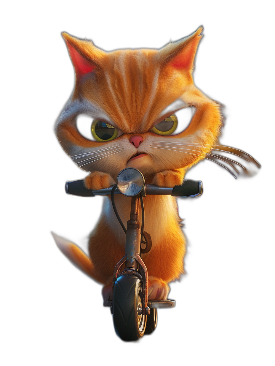 3D cartoon happy cute cat riding a scooter with an angry facial expression on a black background, in the style of Pixar. The cat has adorable eyes and a lovely matte finishing with glossy, warm colors of orange and yellow. The scene is shot from a wide camera angle, in the artstation style.