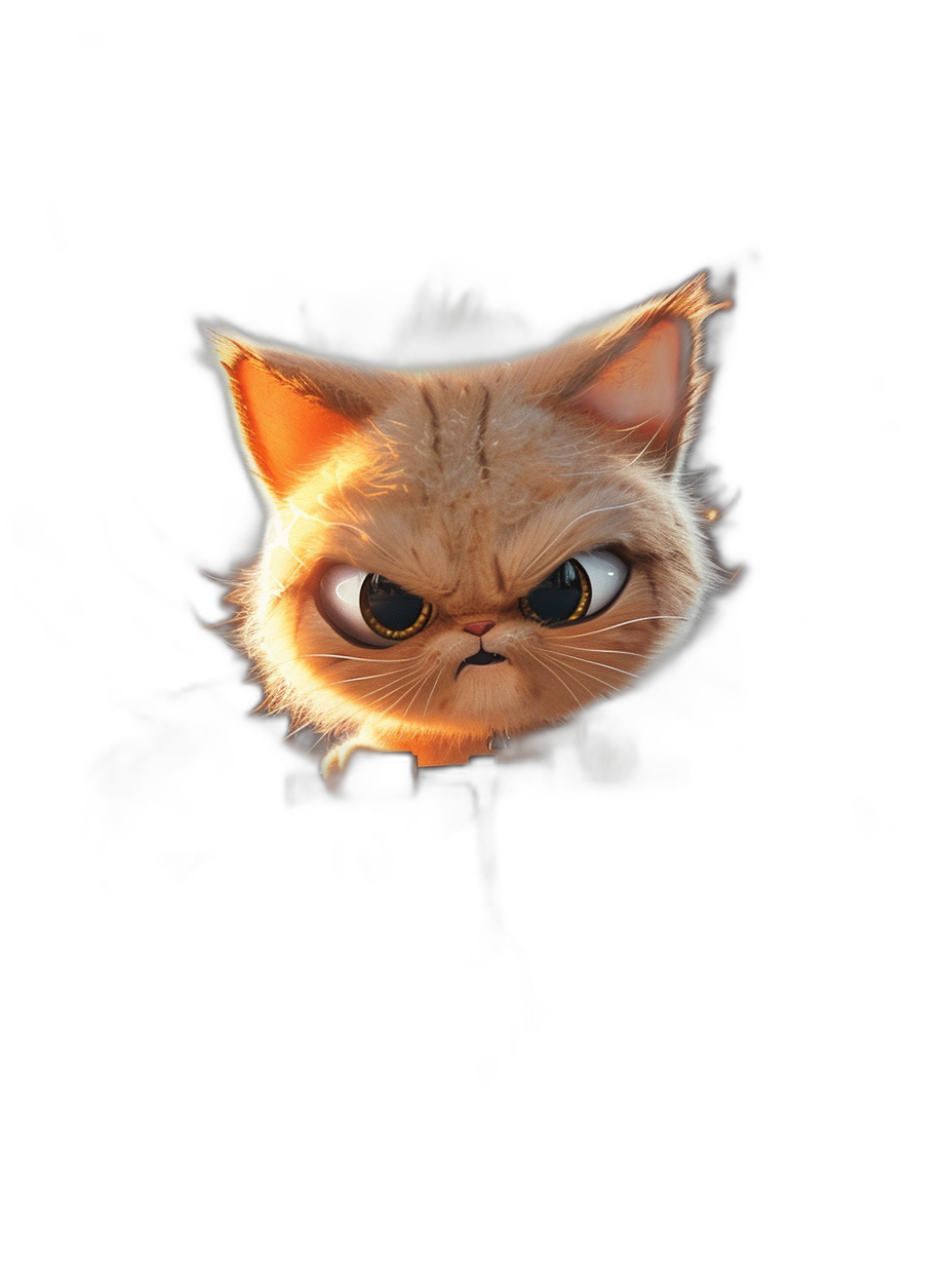 front view of an angry and sad cat, cute and funny cartoon style, dark background, low light, digital art in the style of Pixar, 3D render, octane rendering, depth of field, bokeh effect, volumetric lighting, ultra realistic, very detailed, high resolution