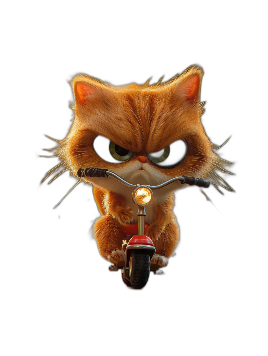 A cute little orange cat with black eyes, riding on the front of an electric bike with an angry expression against a pure dark background, in the style of Pixar, in high definition.