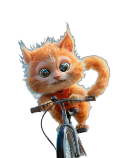 3D render of a cute cartoon orange cat riding a bicycle, with a fluffy tail, big eyes with white pupils and wearing a red shirt on a black background, rendered in Blender, in the style of Disney, in the style of Pixar animation, character design, detailed face, high resolution, super realistic, cinematic lighting, sharp focus, studio lighting.