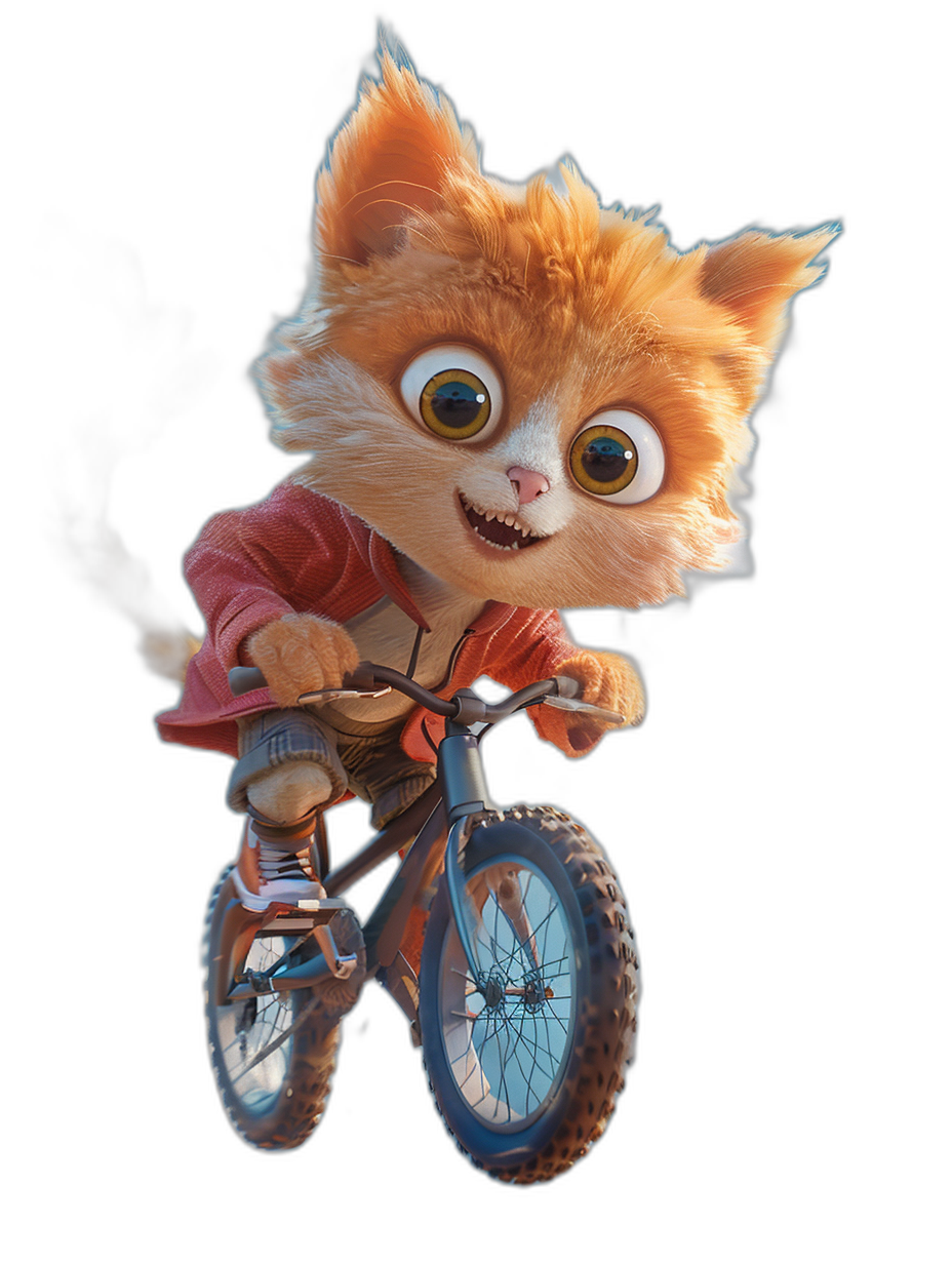 Cute orange cat riding a bike in the air against a black background, in the style of Pixar with big eyes, a lovely face, and a cartoon character design wearing cute and colorful , rendered in high definition with octane rendering.