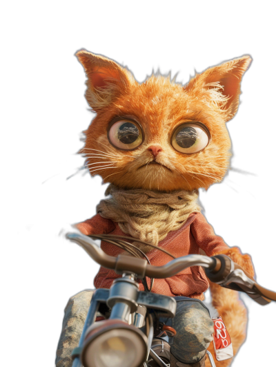 3D fluffy orange cat with big eyes, wearing casual  and riding on a motorcycle, black background, in the style of Pixar.