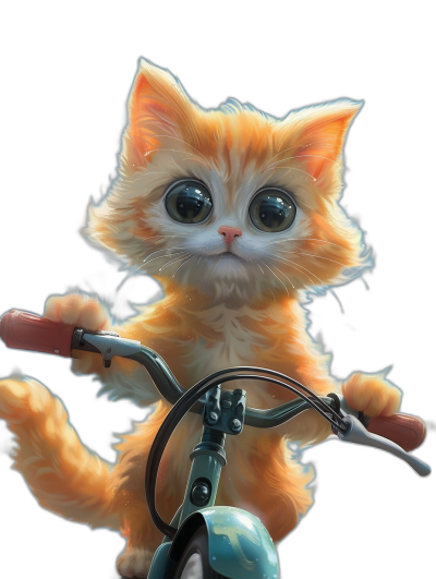 Cute orange cat, riding on the handlebar of bicycle, big eyes, black background, high definition, high resolution, full body shot, Pixar style, cute and adorable, digital art