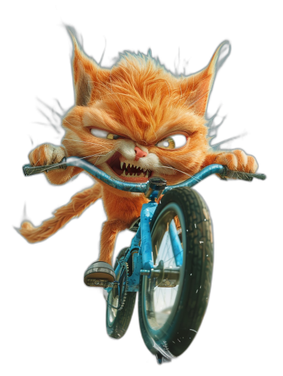 highly detailed, photo realistic orange cat riding a blue bicycle with an angry facial expression in the style of drawing for a children's book character on a black background