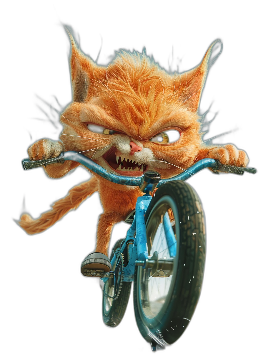 highly detailed, photo realistic orange cat riding a blue bicycle with an angry facial expression in the style of drawing for a children’s book character on a black background