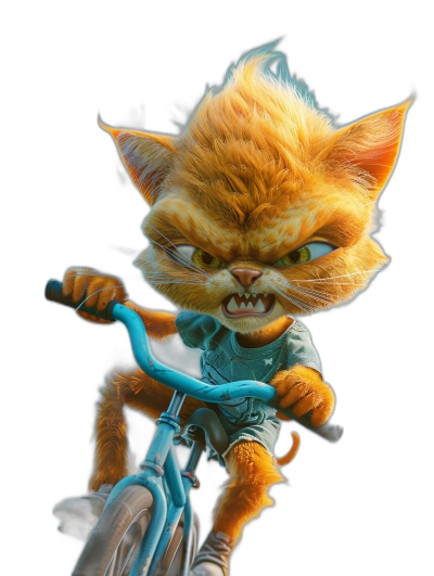 A cute orange cat, anthropomorphic, riding a blue bicycle with an angry facial expression, wearing a T-shirt and shorts, black background, in the style of Pixar, high resolution digital art.