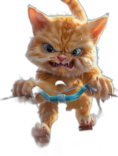 A cute orange cat with sharp teeth, holding an electric rope in its mouth and jumping up high on a black background, in the style of Pixar, in the style of Disney, in the Pixar animation style, a full body shot from the front, 3D rendered in a cartoon style with super details.