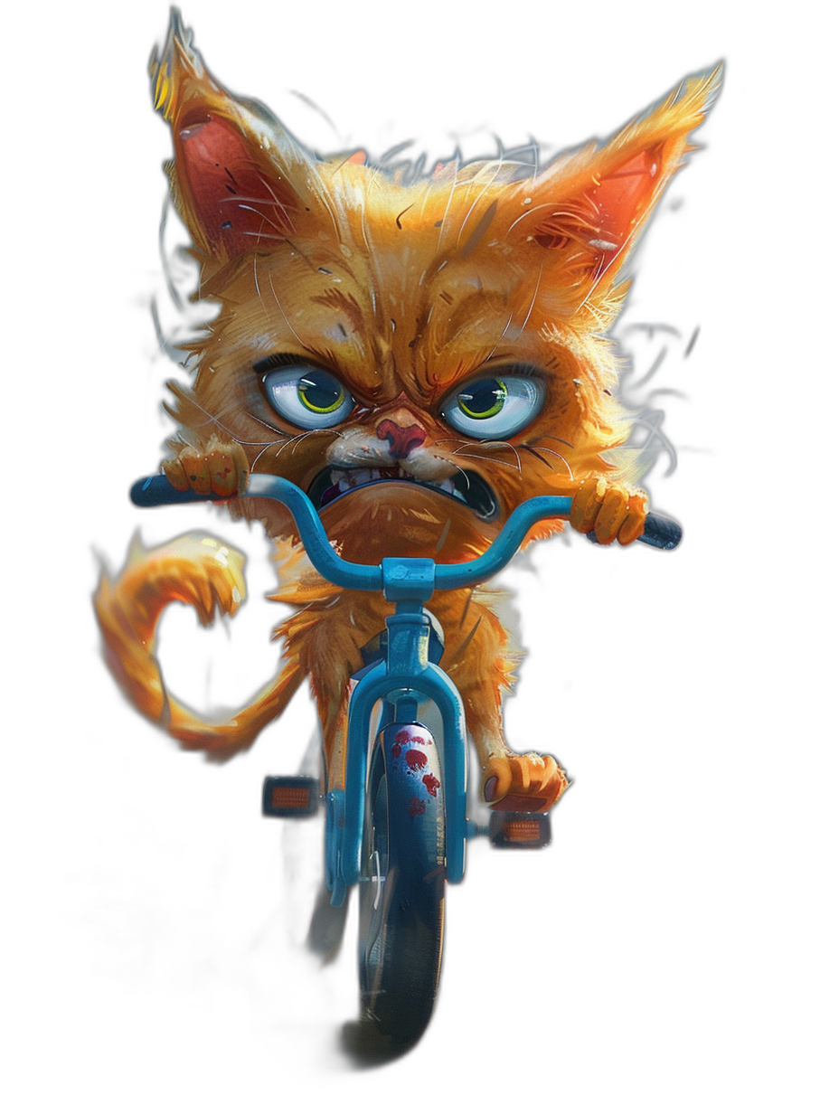 angry cute cat on bicycle, black background, digital art in the style of [Loish](https://goo.gl/search?artist%20Loish) and [Goro Fujita](https://goo.gl/search?artist%20Goro%20Fujita), digital illustration, portrait of an angry orange kitten with blue eyes riding a bike in the style of chibi character design, full body shot, digital painting, sharp focus, intricate details, vibrant, vivid colors, studio lighting, isolated on solid color background