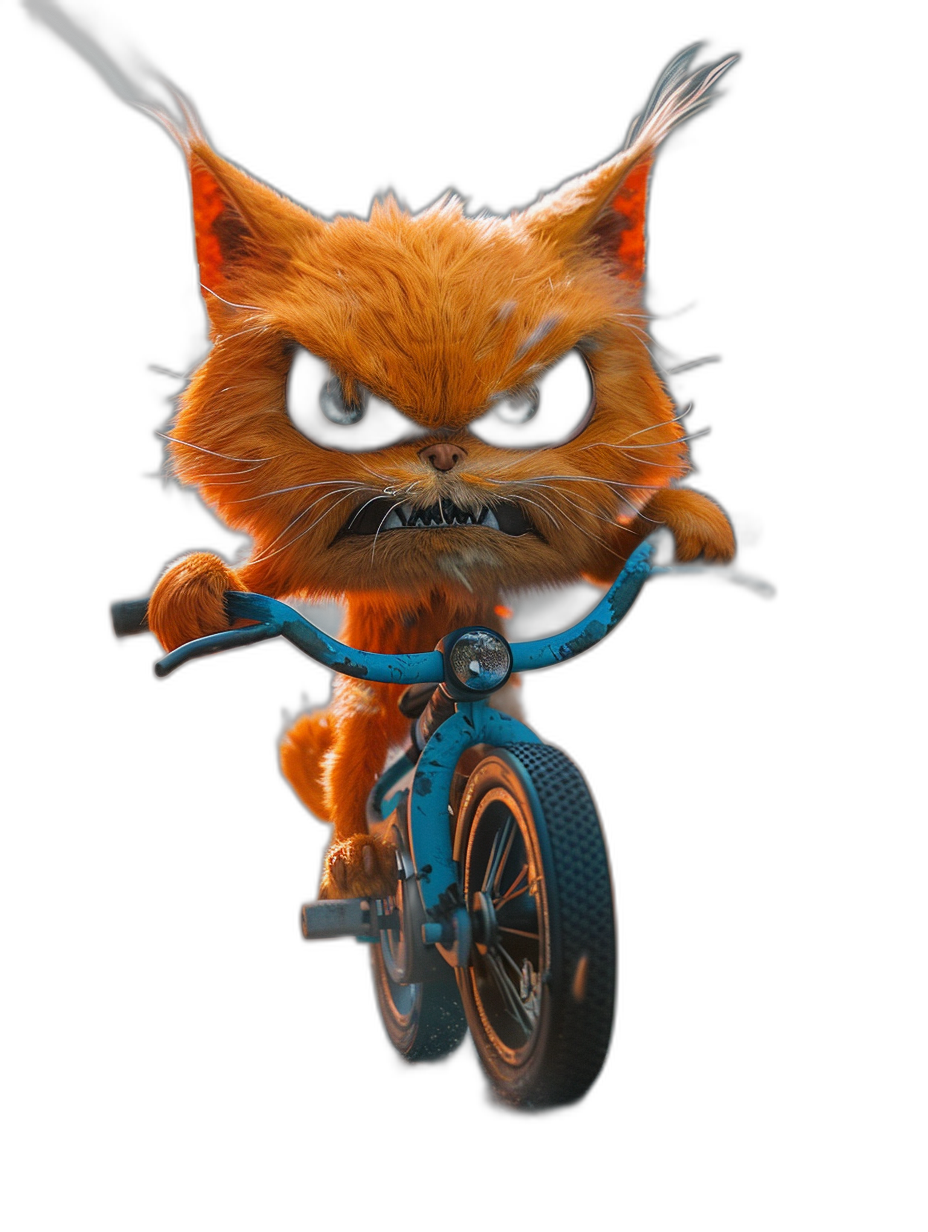 evil orange cat riding blue bike, angry eyes, black background, 3d render in the style of Pixar and Disney, hyper realistic