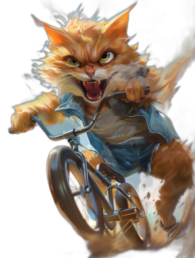 realistic digital concept art of an angry ginger cat wearing denim jacket riding on bicycle, black background, action pose, fantasy character design sheet