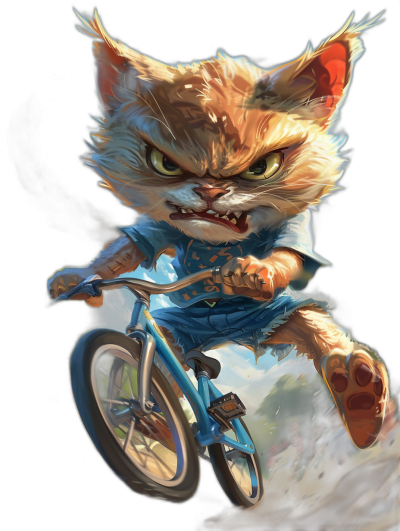 character design of an angry cat riding on a bike, wearing a blue shirt and shorts, concept art in the style of [Greg Rutkowski](https://goo.gl/search?artist%20Greg%20Rutkowski), trending Pixiv fanbox, acrylic painting style with vibrant colors on a black background, cinematic lighting, detailed full body shot