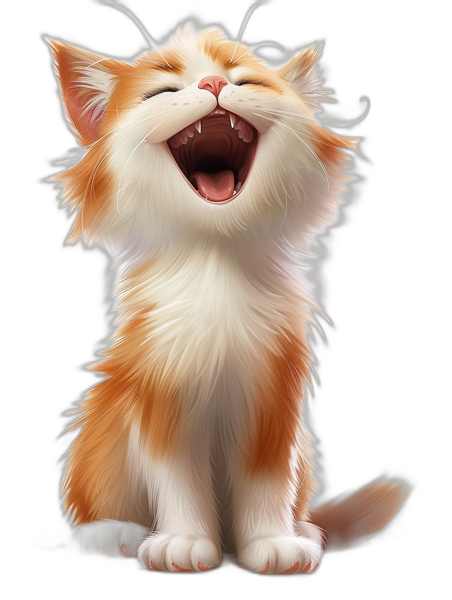 realistic happy cute orange and white cat laughing, in the style of cartoon, vector art, black background, digital painting, high detail, high resolution