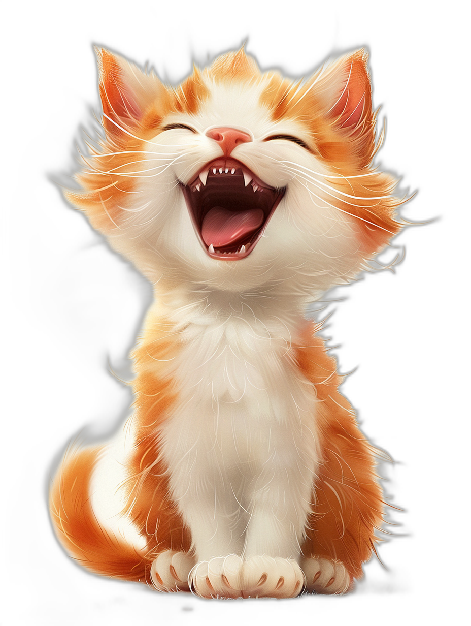 Illustration of an adorable happy orange and white kitten, cute cat character laughing with teeth showing against a black background in a full body portrait in the style of fantasy art.