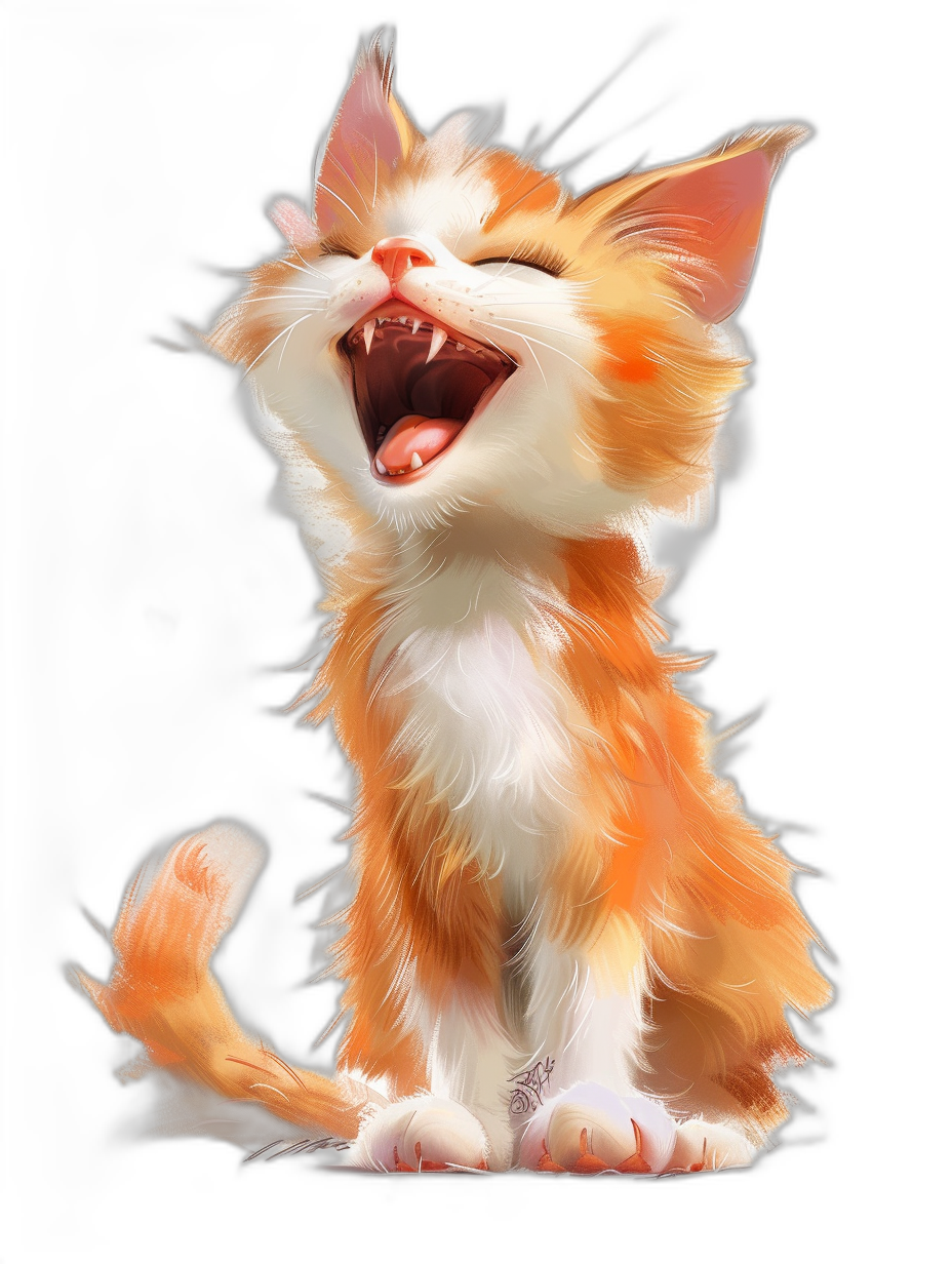 A cute orange and white kitten laughing with a happy expression in a full body portrait against a pure black background in the style of Pixar studio concept art, as a digital painting with soft lighting and soft shadows, for illustration at a high resolution.