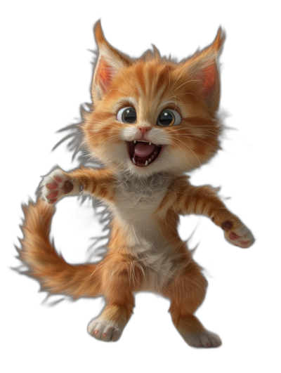 3D render of a cute, happy, smiling ginger kitten dancing in the style of Pixar on a black background, with highly detailed and intricate modeling.