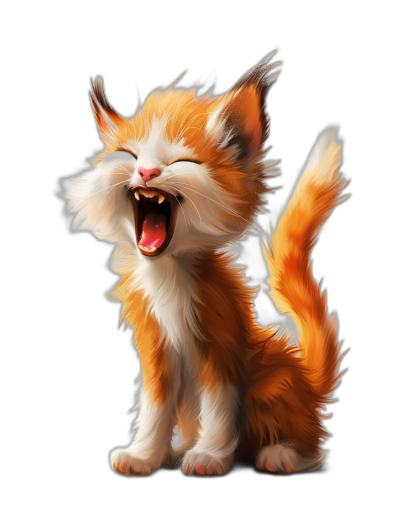 realistic digital fantasy illustration of an adorable smiling happy furry orange and white kitten howling with his mouth open, in the style of isolated in black background,